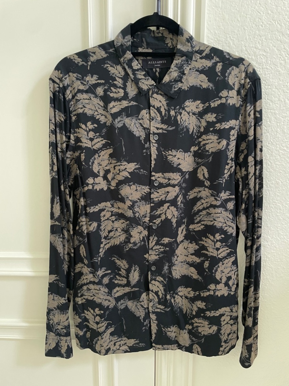 All Saints Black Shirt Jacket with Beige Botanical Print